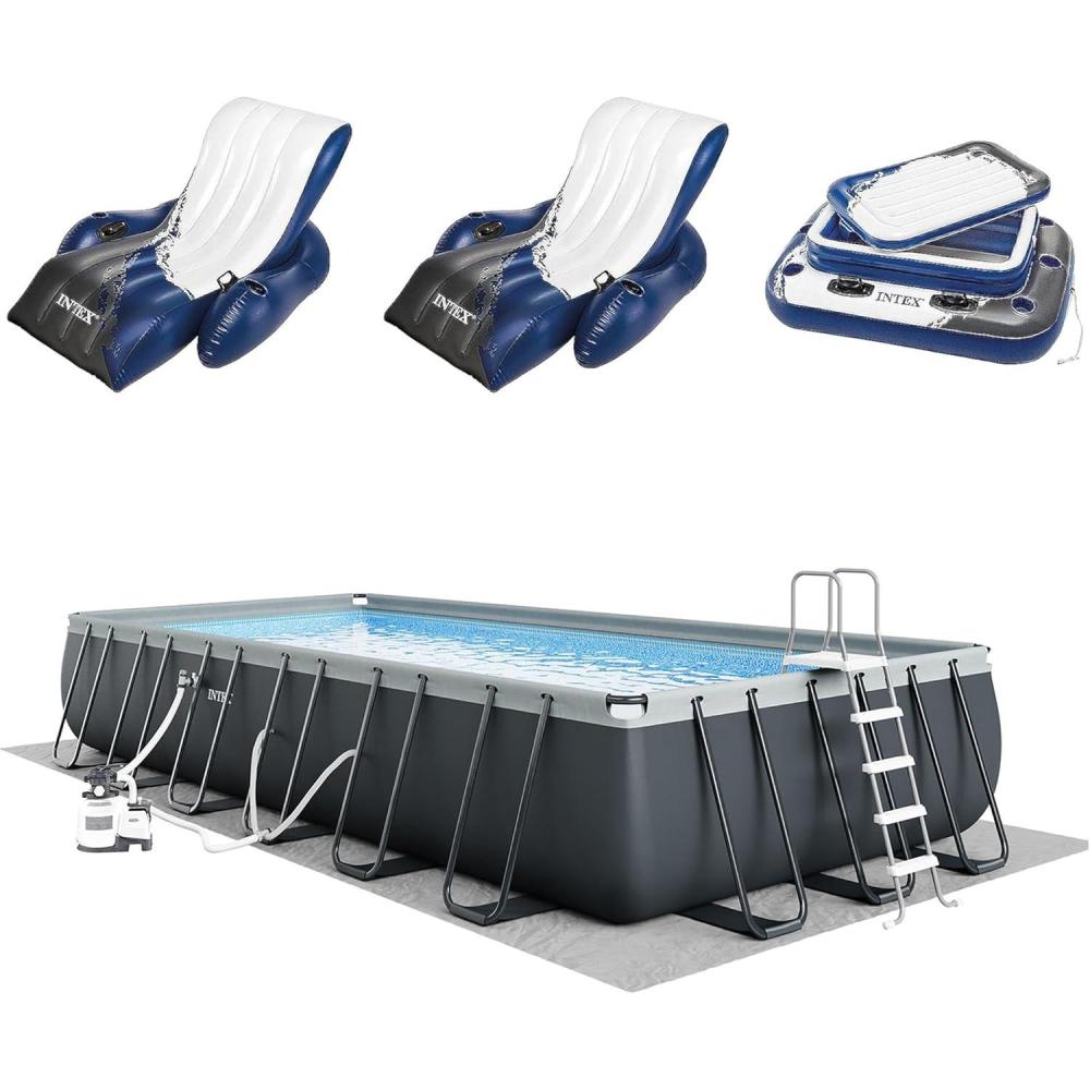 imageIntex 26367EH Ultra XTR 24ft x 12ft x 52in Above Ground Swimming Pool Set with Sand Filter Pump Inflatable Lounge Pool Recliners 2Pack and Inflatable Beverage Cooler