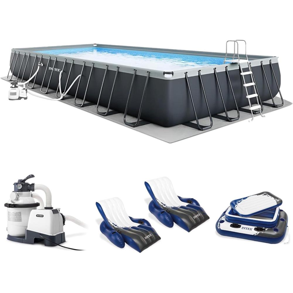 imageIntex 26373EH Ultra XTR 32ft x 16ft x 52in Above Ground Swimming Pool Set with Sand Filter Pump Inflatable Lounge Pool Recliners 2Pack and Inflatable Cooler