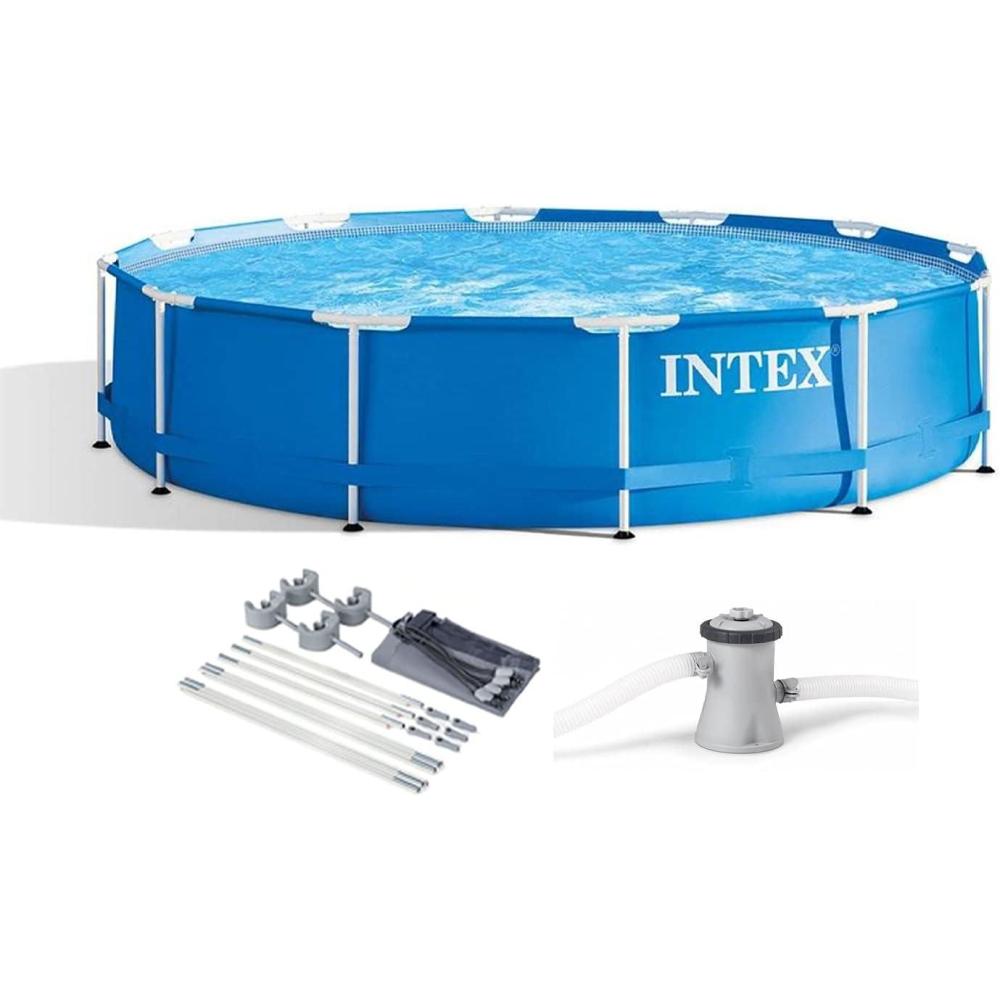 imageIntex 28211EH 12Foot x 30inch Metal Frame Round 6 Person Outdoor Above Ground Swimming Pool with Filter Pump Filter Cartridge amp Protective Canopy
