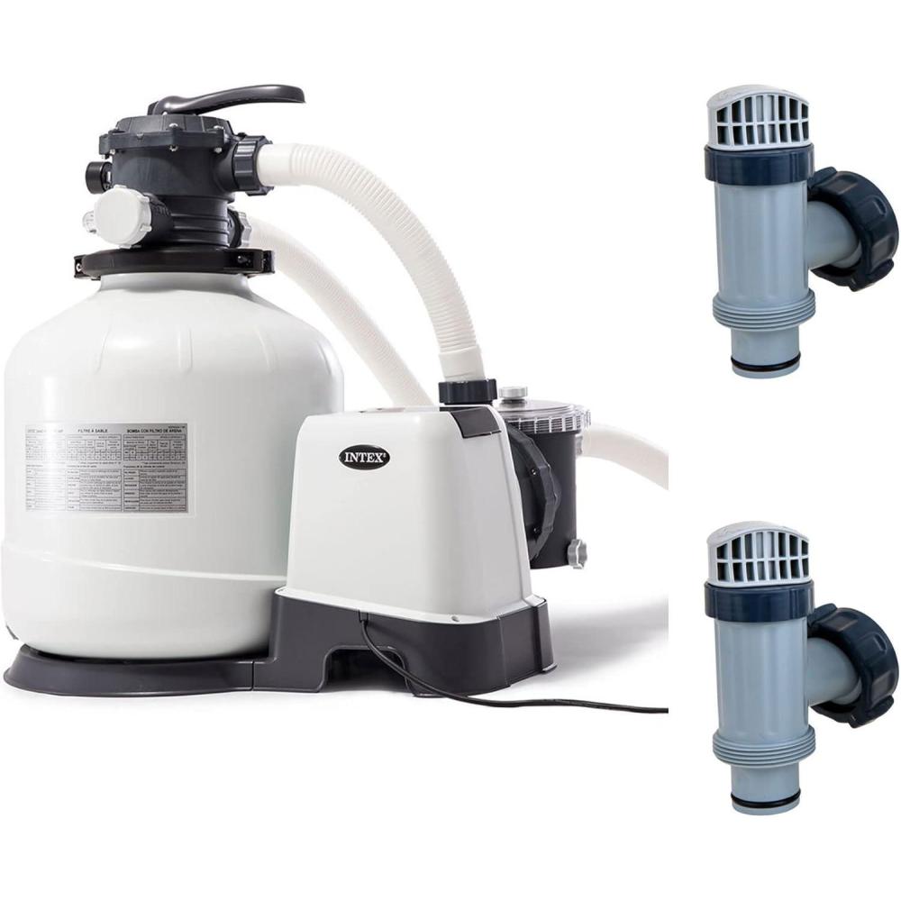 imageIntex 3000 GPH Sand Filter Pool Pump with BuiltIn Timer and Plunger Valve Set with Replacement Part 2 Pack for Above Ground Outdoor Swimming Pools