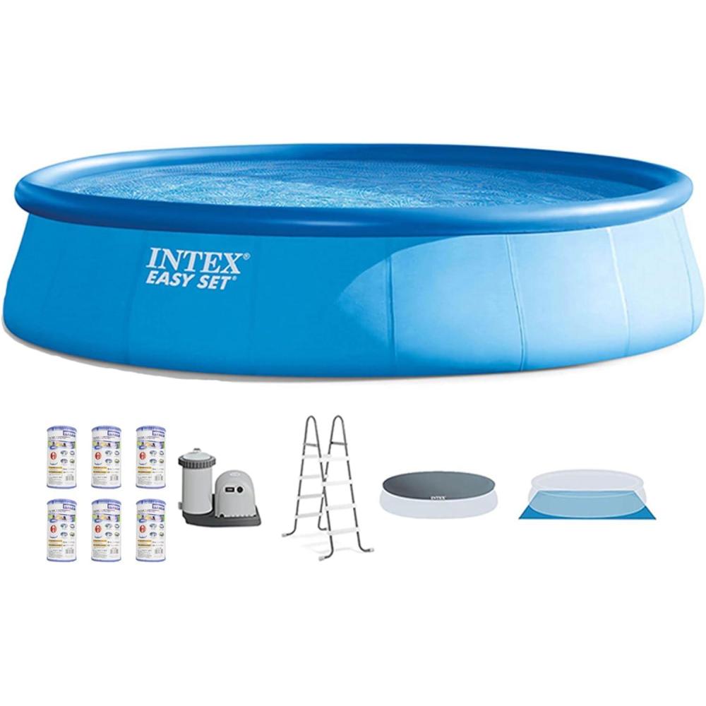 imageIntex Easy Set 18 x 48 Round Inflatable Above Ground Swimming Pool Set with Filter Pump Ladder Pool Cover and Filter Cartridges 6 Pack
