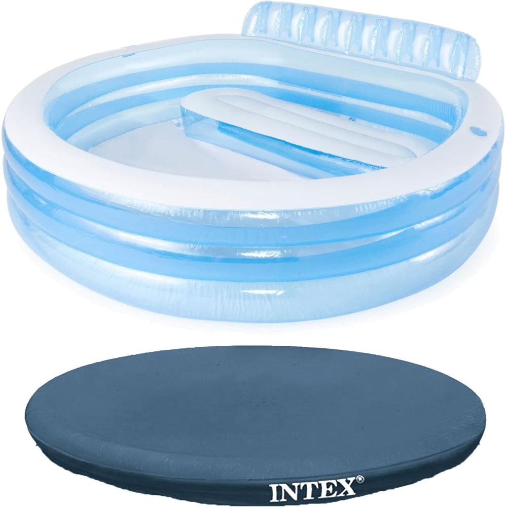 imageIntex Swim Center Inflatable Above Ground Outdoor Round Family Swimming Pool with Builtin Relaxing Bench Cupholders amp Secure Vinyl Pool Cover Blue