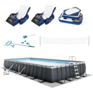 INTEX 26377EH Ultra XTR 32ft x 16ft x 52in Above Ground Swimming Pool Set with Sand Filter Pump, Inflatable Lounge Pool Recliners (2-Pack) and Inflatable Cooler