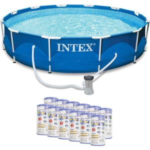 Intex 12ft x 30in Metal Frame Round Pool & Replacement Cartridge (12 Pack)