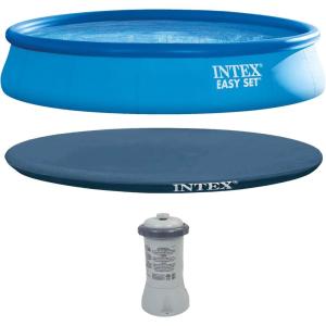 Intex 15′ x 33″ Easy Set Inflatable Ring Top Round Above Ground Swimming Pool with Cover and Krystal Clear Cartridge Filter Pump