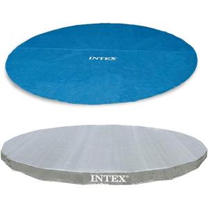Intex 18′ Round Easy Set Vinyl Solar Cover Bundled with 18′ Deluxe Debris Pool Cover Above Ground Swimming Pools, Pool Cover Accessory Only
