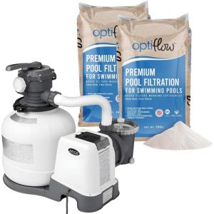 Intex 26641EG Krystal Clear Sand Filter Pump for Above Ground Pools Bundled with OptiFlow Premium Pure Silica Filter Sand, 50 lb Bag(2 800 GPH)
