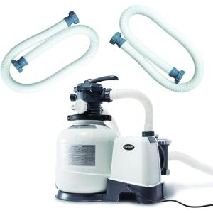 Intex Above Ground Pool Sand Filter Pump Bundled with Replacement Hose, Digital Timer and One Hydro Aeration Technology for Outdoor Use
