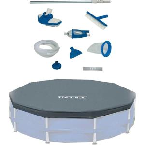 Intex Deluxe Maintenance Cleaning Kit & 12-Foot Round Frame Easy Set Pool Cover