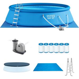 Intex Easy Set 18 Foot by 48 Inch Round Inflatable Above Ground Swimming Pool with Filter Pump, Ladder, Pool Cover, and 6 Pack Filter Cartridges, Blue
