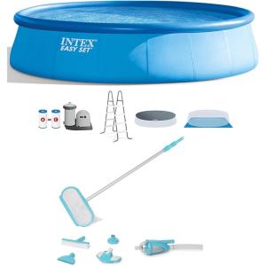 Intex Easy Set Round Above Ground Inflatable Swimming Pool with Filter Pump, Ladder, and Deluxe Maintenance Pool Cleaning Kit, Blue