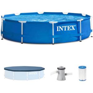 Intex Metal Frame 10ft x 30in Round Above Ground Outdoor Swimming Pool Set with 330 GPH Filter Pump, Cartridge, and Protective Round Pool Cover