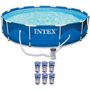 Intex Metal Frame Durable Round Above Ground Pool Set with Cartridge Filter Swimming Pool Pump, 6 Type A Filters, and Drain Plug