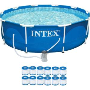 Intex Sturdy Outdoor Metal Frame Above Ground Pool Set with Drain Plug, Filter Pool Pump, and Type H Filter Cartridges (12 Pack)