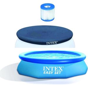 Intex Type H Easy Set Filter Cartridge Bundled with Pool Debris Vinyl Round Cover and Inflatable Above-Ground Kids Swimming Pool with Filter Pump