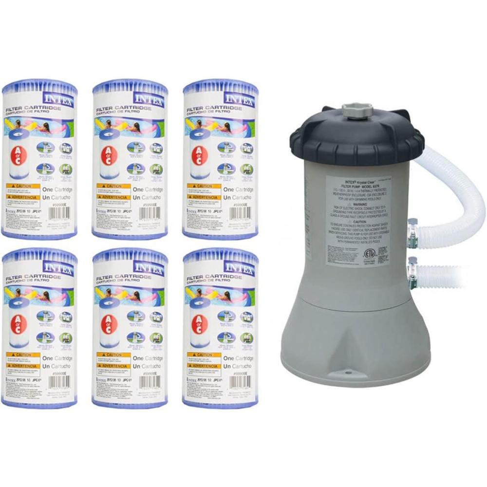 imageIntex 1000 GPH Easy Set Pool Filter Pump System with GFCI for Above Ground Swimming Pools with Type A amp C Filter Cartridge Replacements 6 Pack