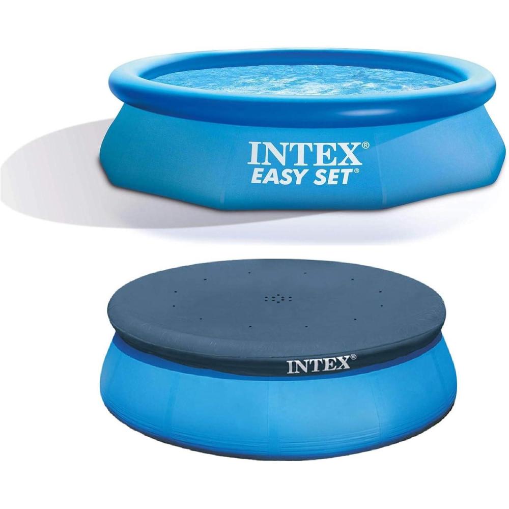 imageIntex 28120EH Easy Set 10 Foot x 30 Inch Round Above Ground Inflatable Ring Top Swimming Pool Bundled with 28021E 10 Foot Vinyl Pool Debris Cover