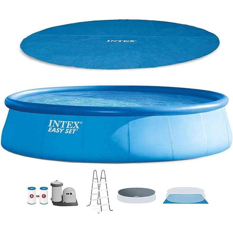 imageIntex Easy Set 18 x 48 Inflatable Swimming Pool Set Including 1500 GPH Cartridge Filter Pump and Removable Ladder Bundled with Solar Pools Cover