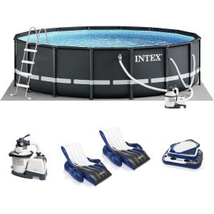 Intex 26325EH Ultra XTR 16ft x 48in Above Ground Swimming Pool Set with Sand Filter Pump, Inflatable Lounge Pool Recliners (2-Pack) and Inflatable Beverage Cooler