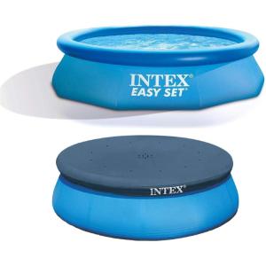 Intex 28120EH Easy Set 10 Foot x 30 Inch Round Above Ground Inflatable Ring Top Swimming Pool Bundled with 28021E 10 Foot Vinyl Pool Debris Cover