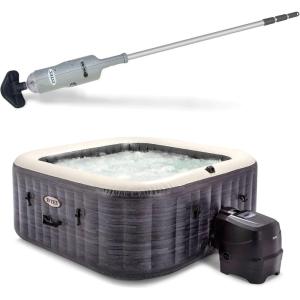 Intex Handheld Above Ground Pool Vacuum Cleaner with 2 Brush Heads and PureSpa Plus 4 Person Inflatable Square Hot Tub Spa, Greystone