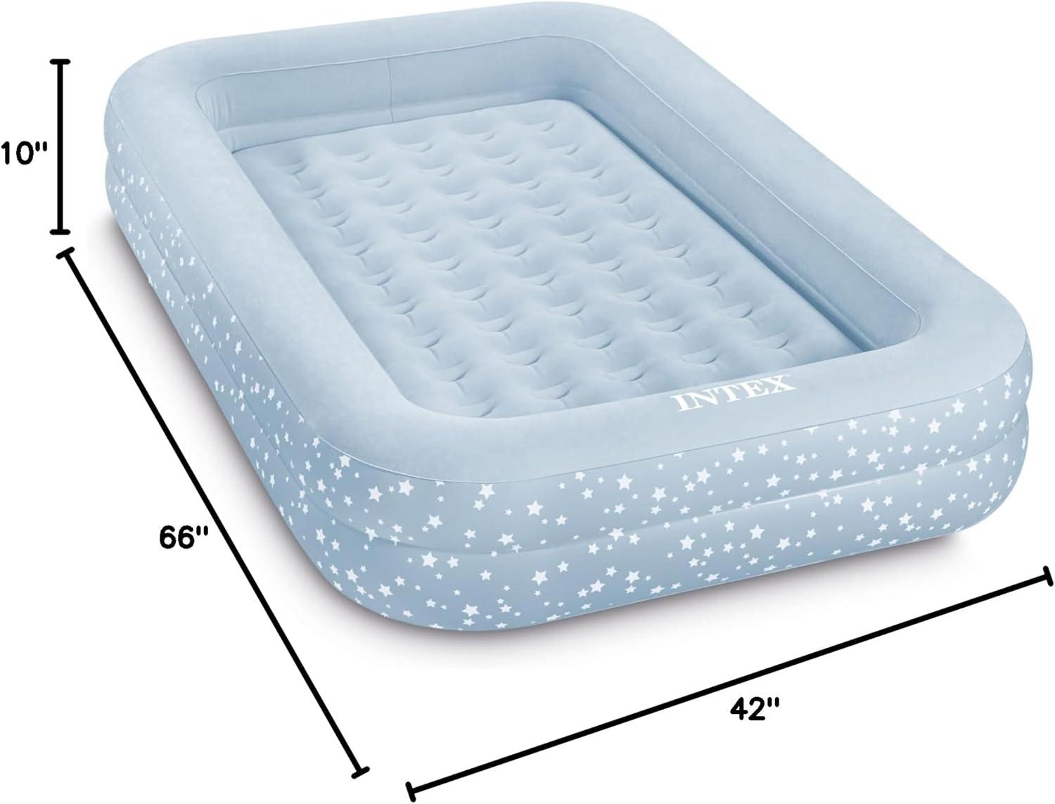 imageIntex 66811EP Inflatable Kidz Travel Bed Set Includes Hand Pump and Carry Bag Removable Mattress Quick Inflation Indoor Use 42in x 66in x 10in Beige Color with Star Print FrameBlue