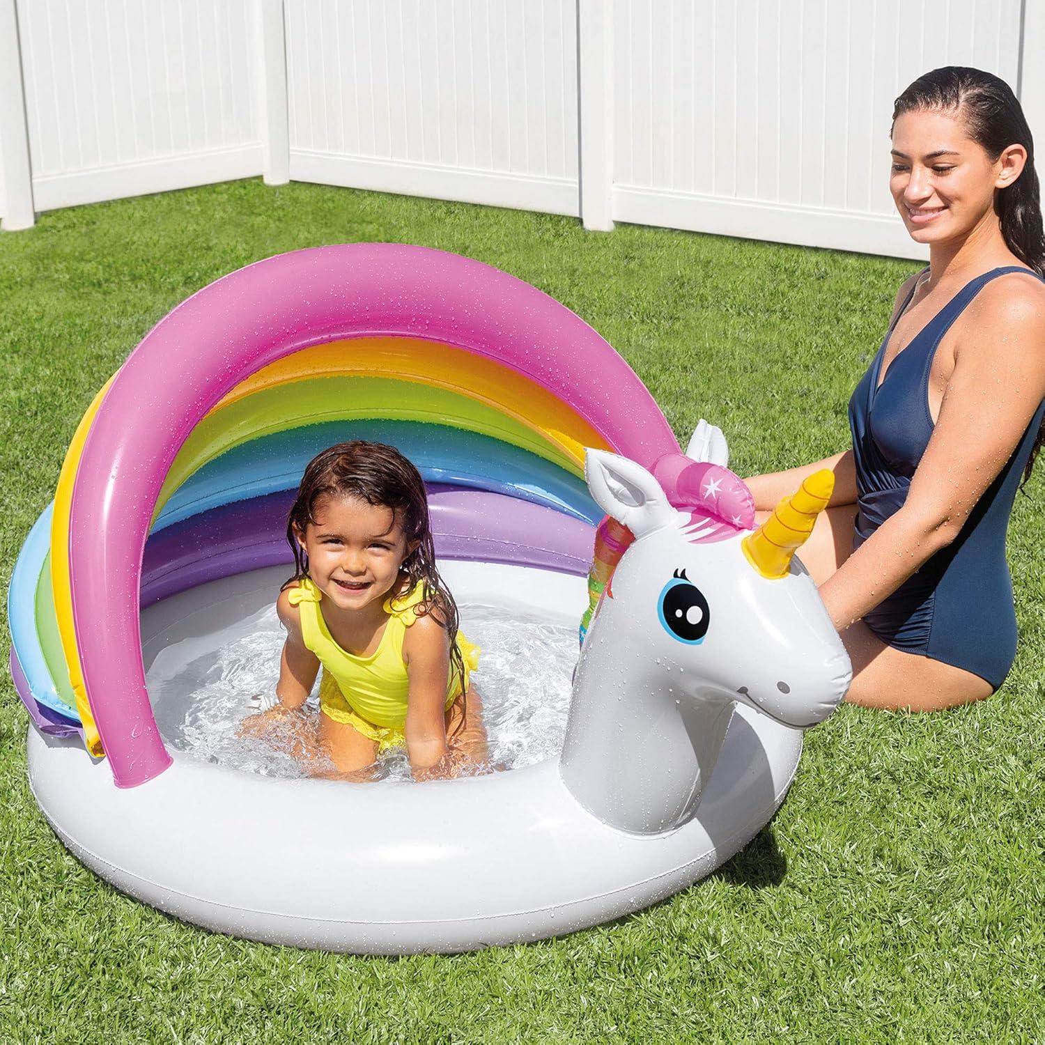 imageIntex 57113EP 50 Inch Unicorn Design Outdoor 1 to 3 Years Old Baby Swimming Pool with Soft Floor Bottom and Built In Sunshade Multicolor