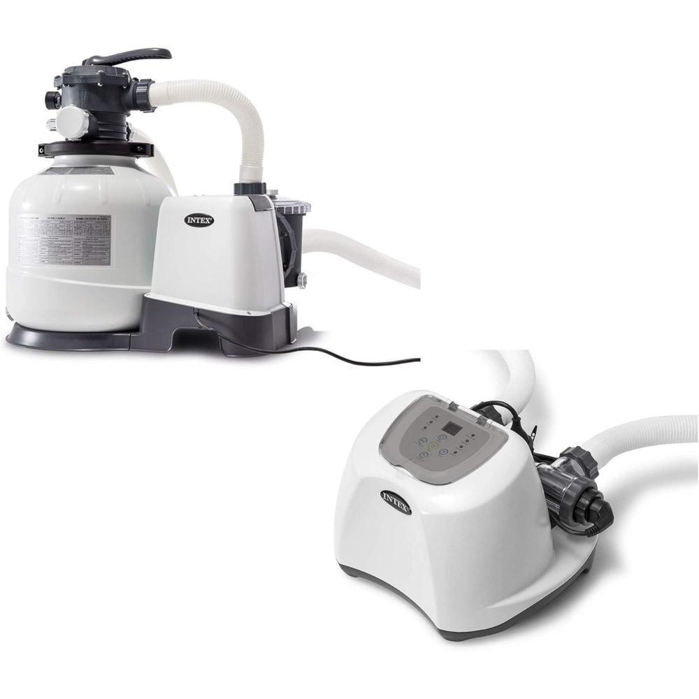 imageIntex 2800 Gallon Per Hour Pool Filter Sand Pump with Built In Automatic Timer and Krystal Clear Saltwater System Swimming Pool Chlorinator