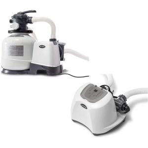 Intex 2800 Gallon Per Hour Pool Filter Sand Pump with Built In Automatic Timer and Krystal Clear Saltwater System Swimming Pool Chlorinator