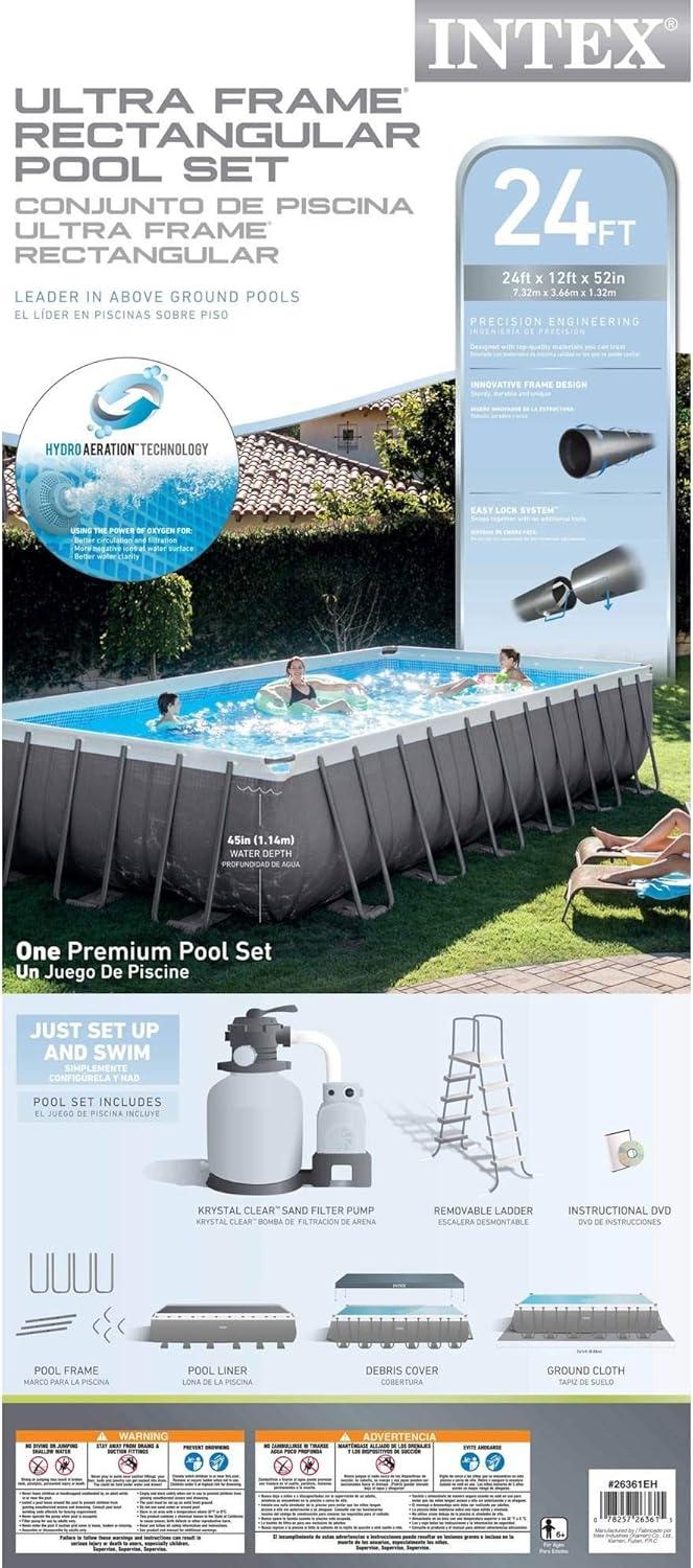 imageIntex 24ft X 12ft X 52in Ultra Frame Rectangular Pool Set with Sand Filter Pump Ladder Ground Cloth amp Pool Cover