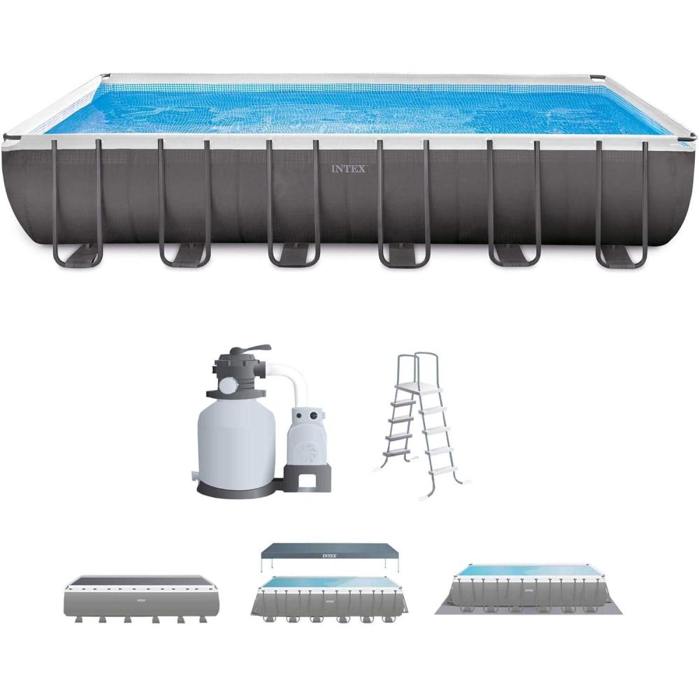 imageIntex 24ft X 12ft X 52in Ultra Frame Rectangular Pool Set with Sand Filter Pump Ladder Ground Cloth amp Pool Cover