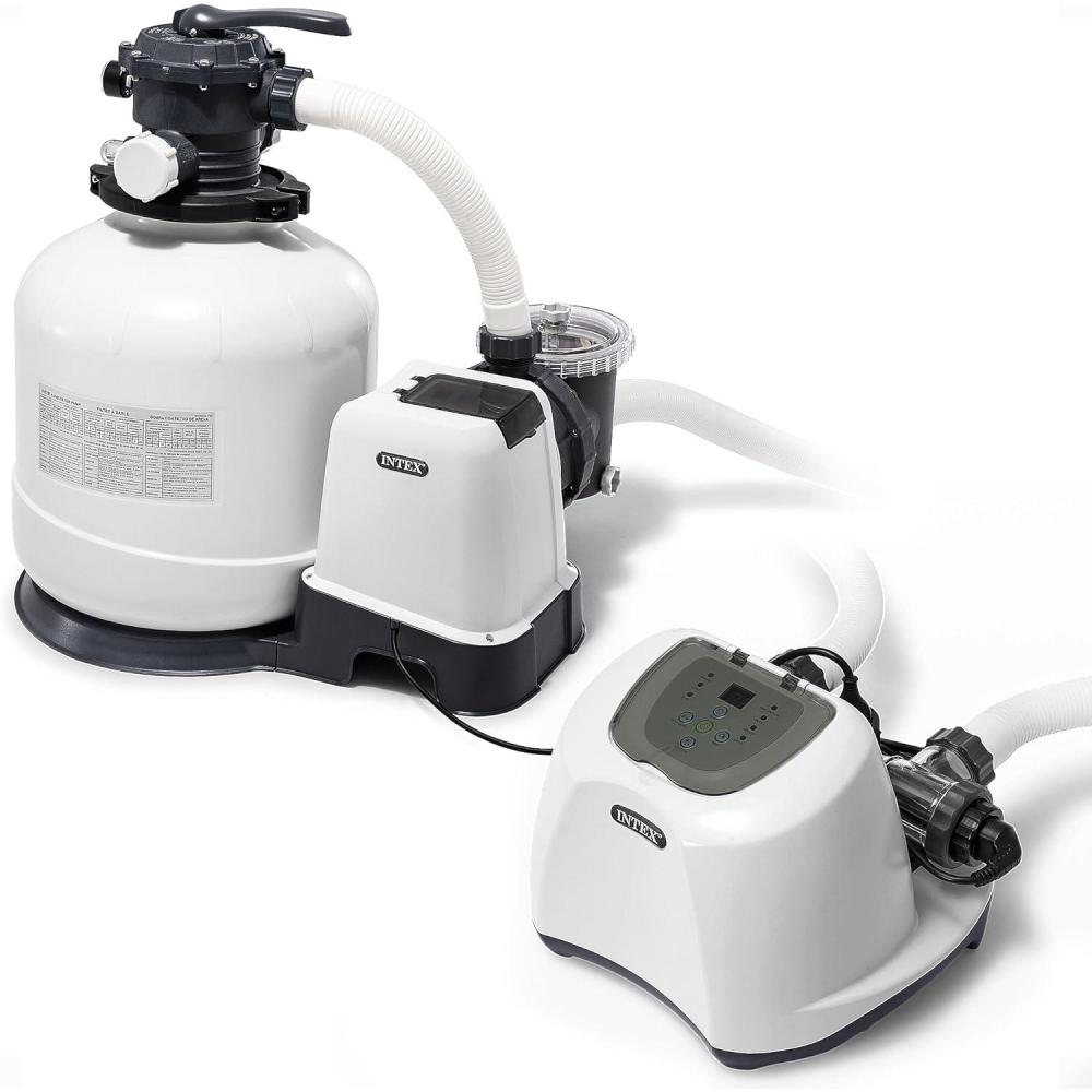 imageIntex 3000 GPH Sand Filter Pump with BuiltIn Timer and Krystal Clear Saltwater System Maintenance Set for Above Ground Outdoor Swimming Pools