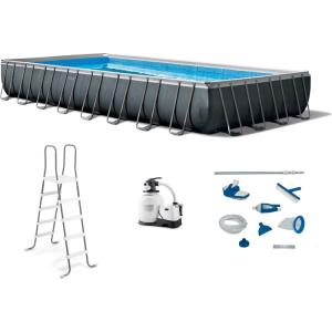 Intex Ultra XTR Heavy Duty Rectangular Above Ground Swimming Pool with Complete Set of Maintenance Kit, Ladder, and Sand Filter Pump, Gray