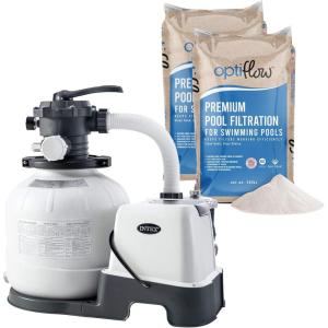 Intex 26679EG Krystal Clear 2650 GPH Sand Filter Pump for Above Ground Pools Bundled with OptiFlow 3 Pack Premium Pure Silica Filter Sand, 50 lb Bags(1 600 GPH)