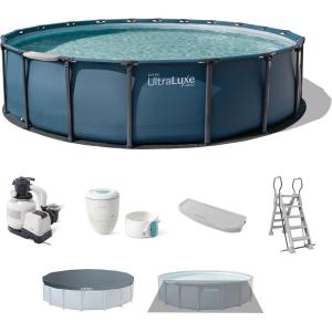 INTEX 28825EH 16ft X 52in UltraLuxe Premium Swimming Pool Set with Dual Sand Filter Pump and Saltwater System, Pool Ladder, Skimmer, Pool Tray, Pool Cover, Water Analyzer, T-Joint LED Solar Light(20′ x 52″)