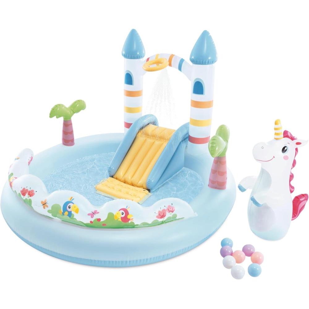 imageINTEX 56148EP Unicorn Castle Inflatable Kiddie Pool Inflatable Kids Pool with Water Sprayer and Slide Splash Pad 77 x 70 x 50 Ages 3
