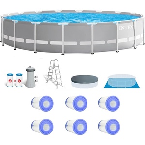 Intex 26731EH 18ft x 48in Outdoor Prism Frame Above Ground Swimming Pool Set with Cover, Ladder, Filter Pump, and 6 Replacement Filters, Gray