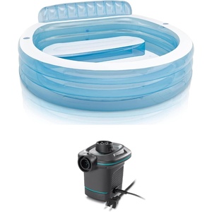 INTEX Swim Center Inflatable Family Lounge Pool: Built-In Bench – Cup Holder – 156 Gallon Capacity – 90″x86″x31″ Bundled with 120V Electric Air Pump