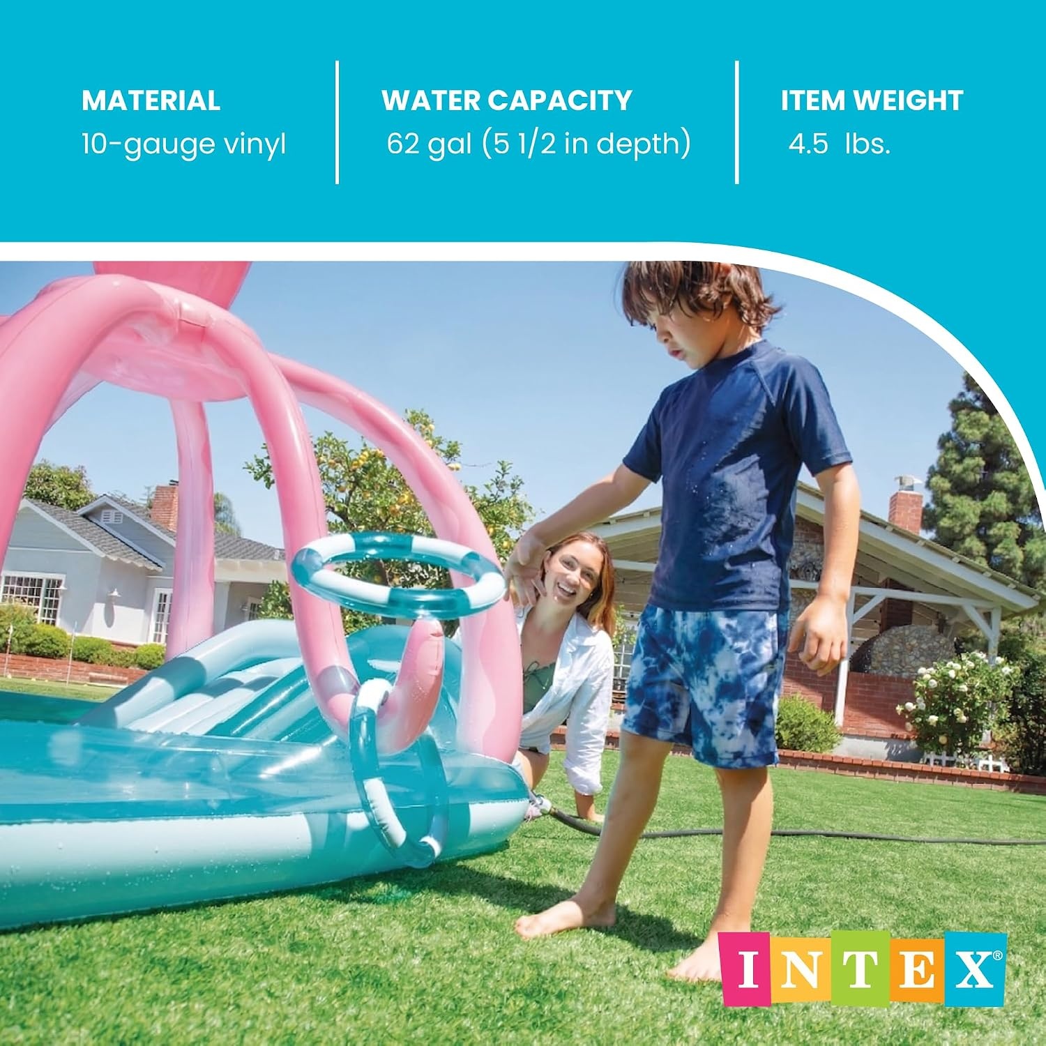 image:imageIntex 57167EP 185 Foot Long Inflatable Racing Fun Water Slide Track with 2 Surf Car Riders and Builtin Sprayer for Ages 6 and UpBlue