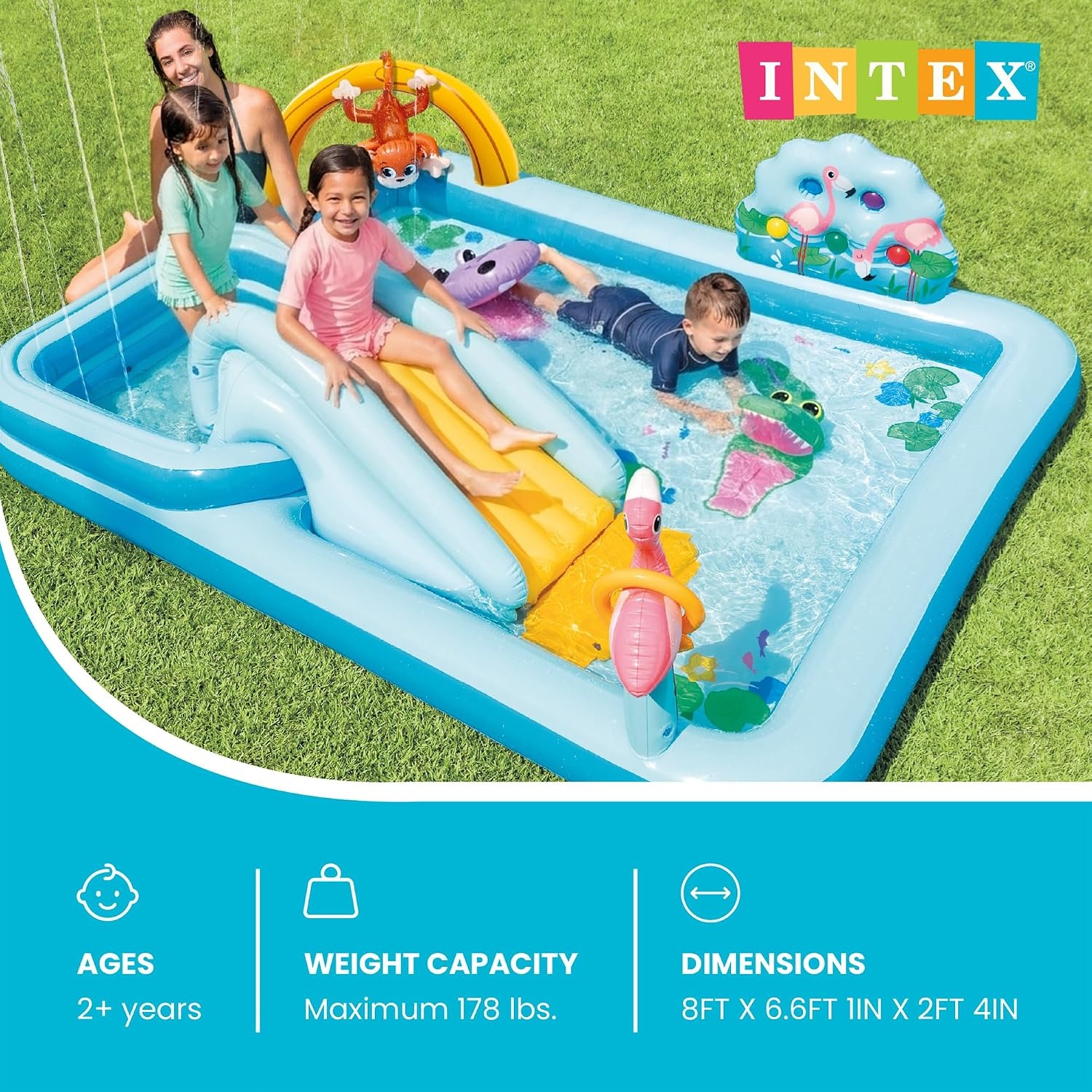 image:imageIntex 57167EP 185 Foot Long Inflatable Racing Fun Water Slide Track with 2 Surf Car Riders and Builtin Sprayer for Ages 6 and UpBlue