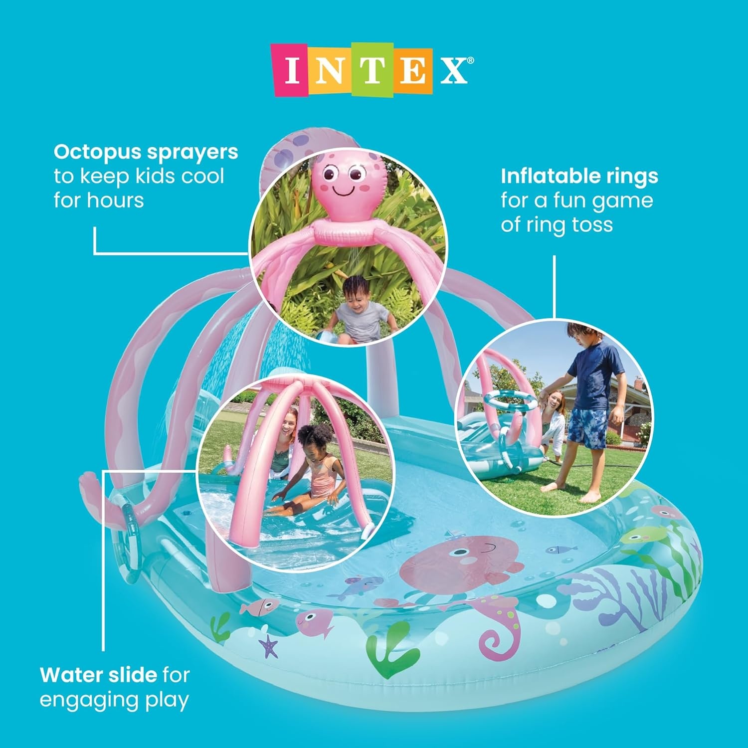 image:imageIntex 57167EP 185 Foot Long Inflatable Racing Fun Water Slide Track with 2 Surf Car Riders and Builtin Sprayer for Ages 6 and UpBlue