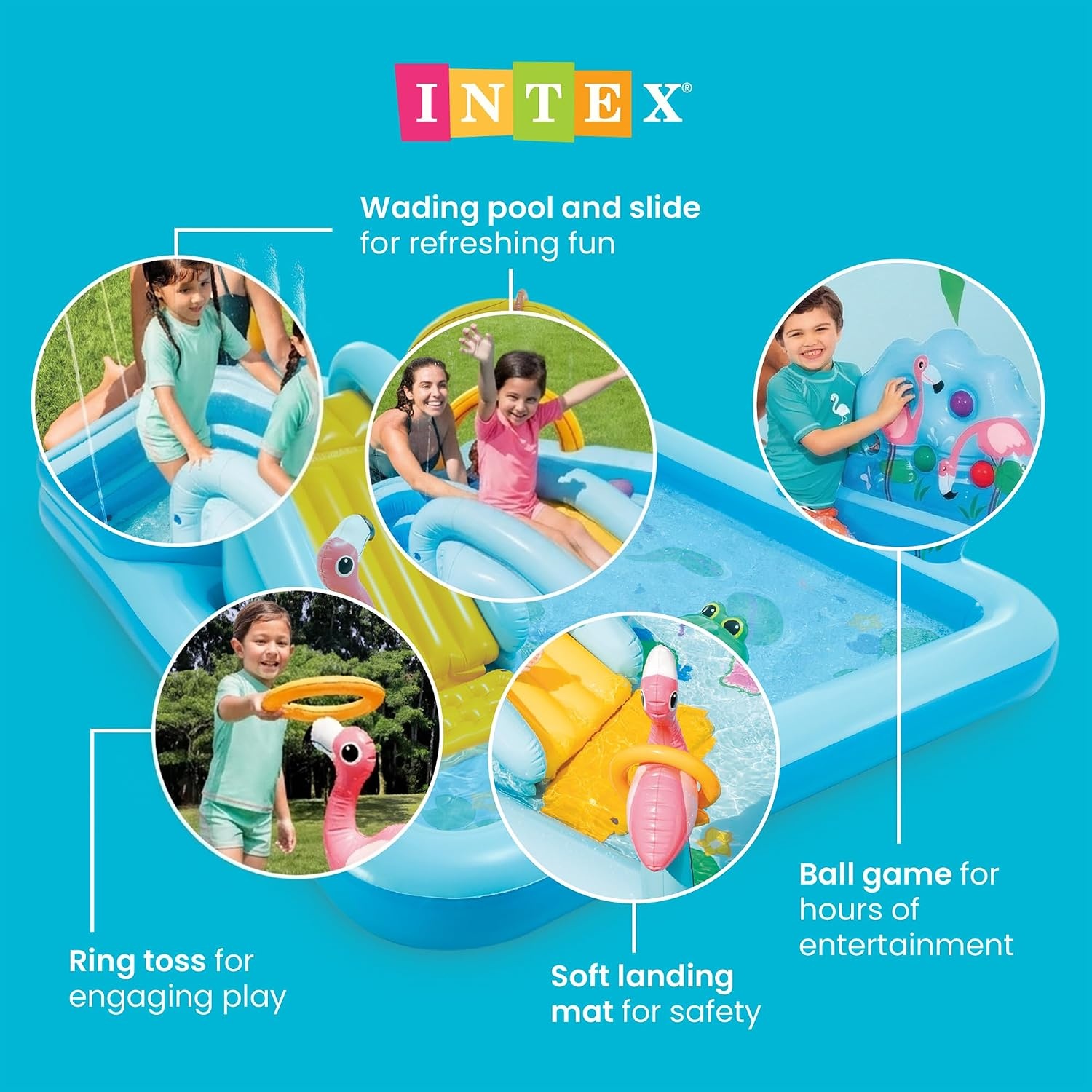 image:imageIntex 57167EP 185 Foot Long Inflatable Racing Fun Water Slide Track with 2 Surf Car Riders and Builtin Sprayer for Ages 6 and UpBlue
