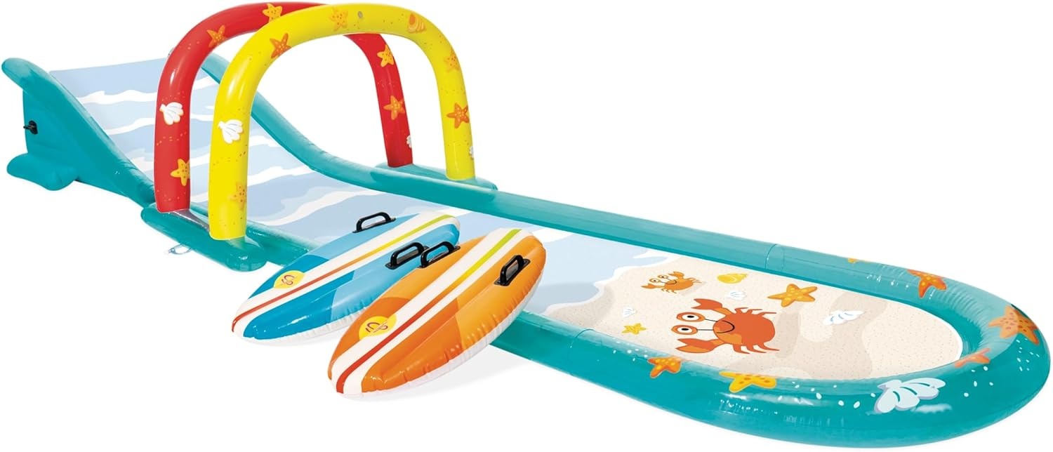 image:imageIntex 57167EP 185 Foot Long Inflatable Racing Fun Water Slide Track with 2 Surf Car Riders and Builtin Sprayer for Ages 6 and UpBlue