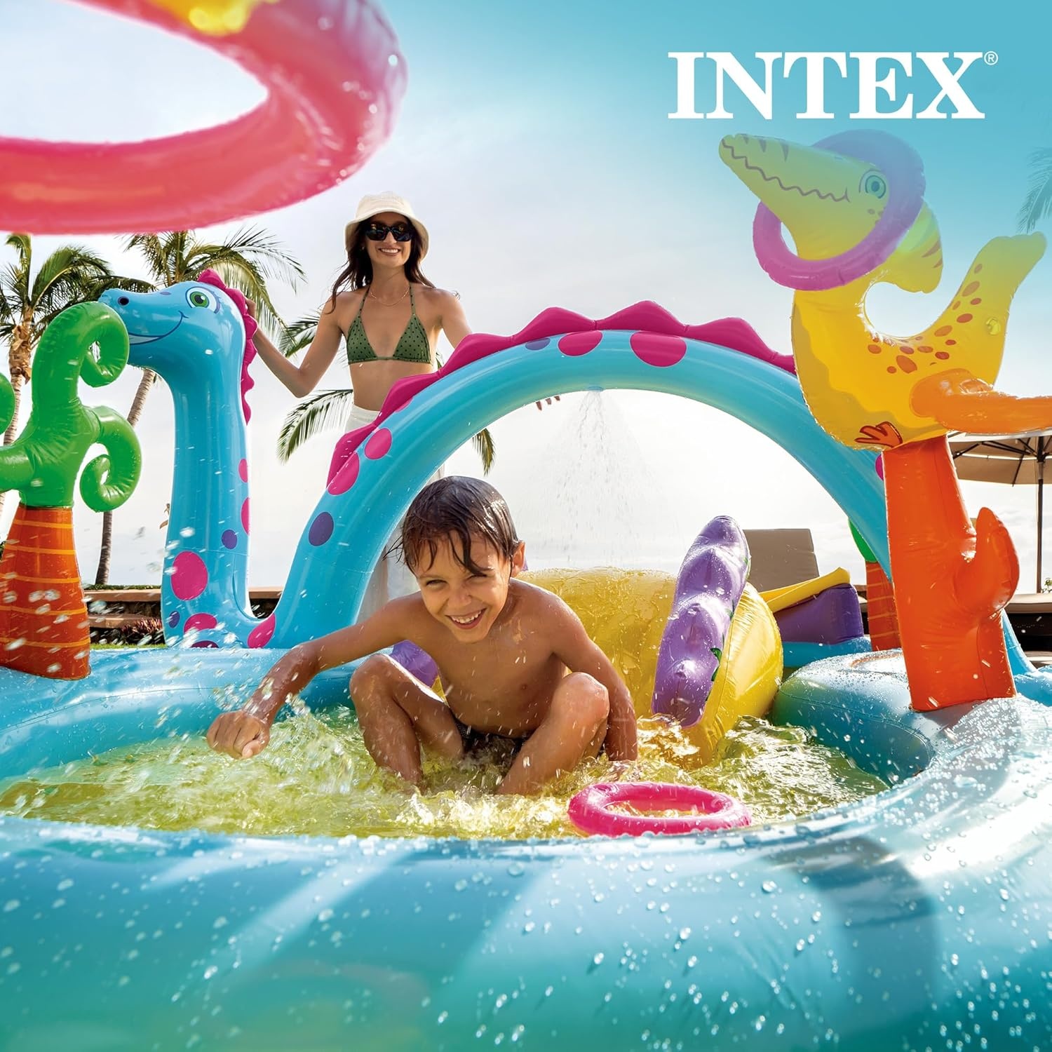 image:imageIntex 57167EP 185 Foot Long Inflatable Racing Fun Water Slide Track with 2 Surf Car Riders and Builtin Sprayer for Ages 6 and UpMulticolor