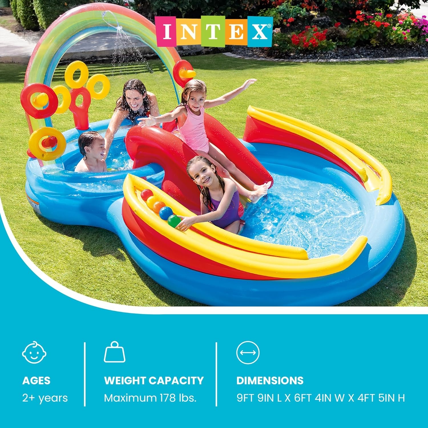image:imageIntex 57167EP 185 Foot Long Inflatable Racing Fun Water Slide Track with 2 Surf Car Riders and Builtin Sprayer for Ages 6 and UpMulticolor