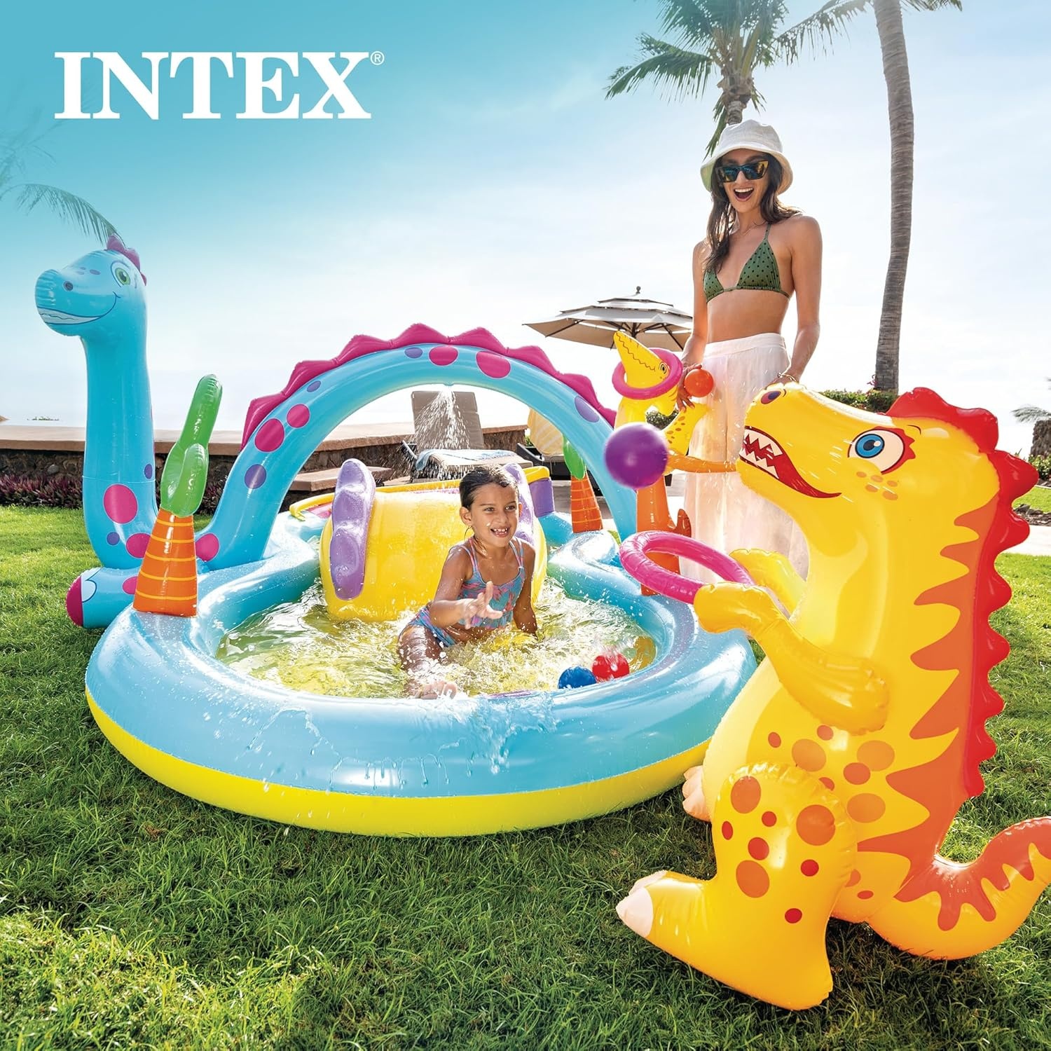 image:imageIntex 57167EP 185 Foot Long Inflatable Racing Fun Water Slide Track with 2 Surf Car Riders and Builtin Sprayer for Ages 6 and UpMulticolor