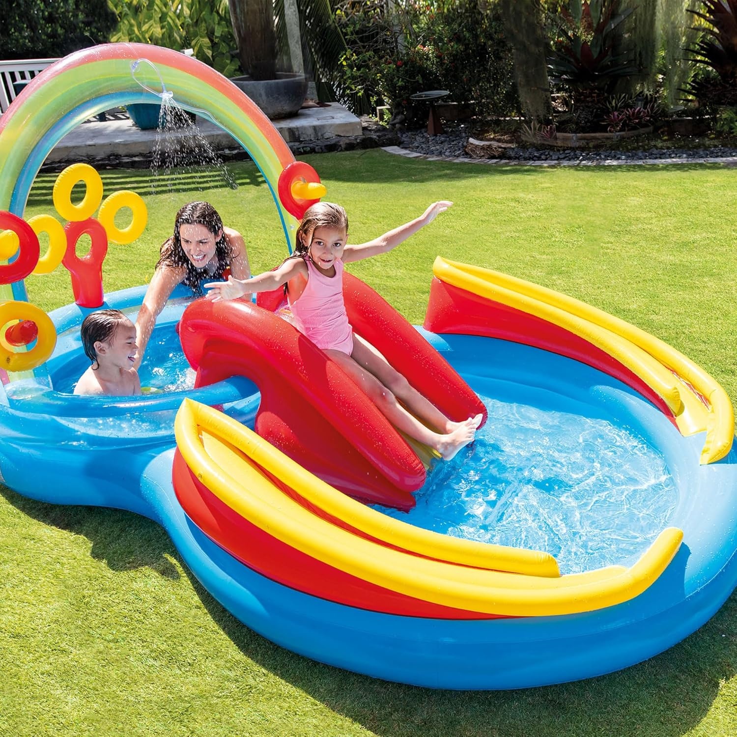 image:imageIntex 57167EP 185 Foot Long Inflatable Racing Fun Water Slide Track with 2 Surf Car Riders and Builtin Sprayer for Ages 6 and UpMulticolor