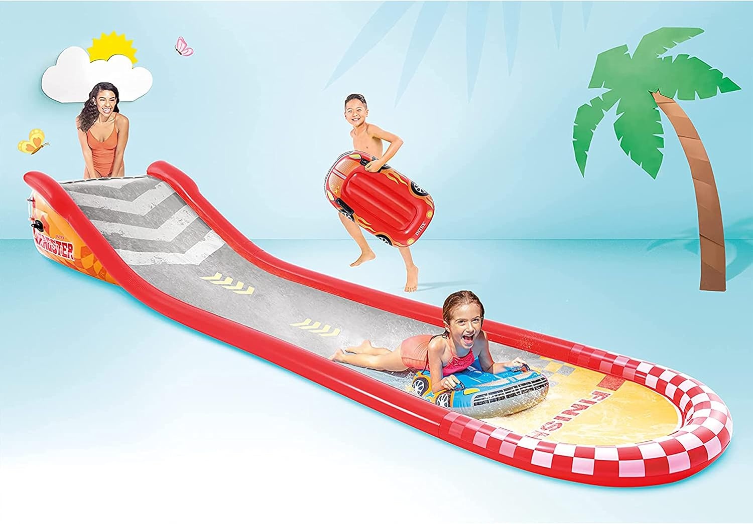 image:imageIntex 57167EP 185 Foot Long Inflatable Racing Fun Water Slide Track with 2 Surf Car Riders and Builtin Sprayer for Ages 6 and UpRed
