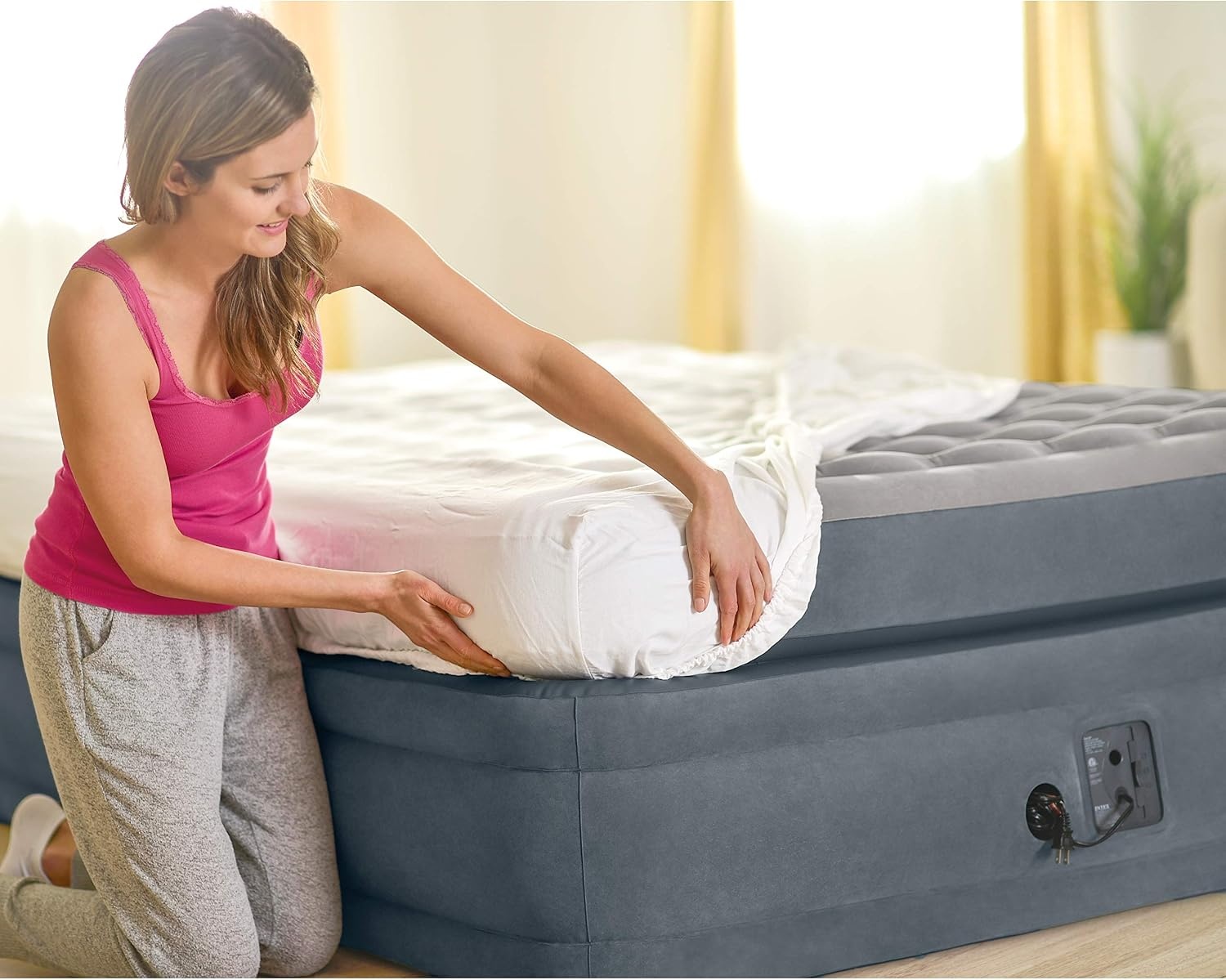 image:imageIntex 22in Queen DuraBeam Deluxe Inflatable Blow Up Elevated Air Mattress Airbed with Built in Pump for Home Camping Guests Ultra Comfort