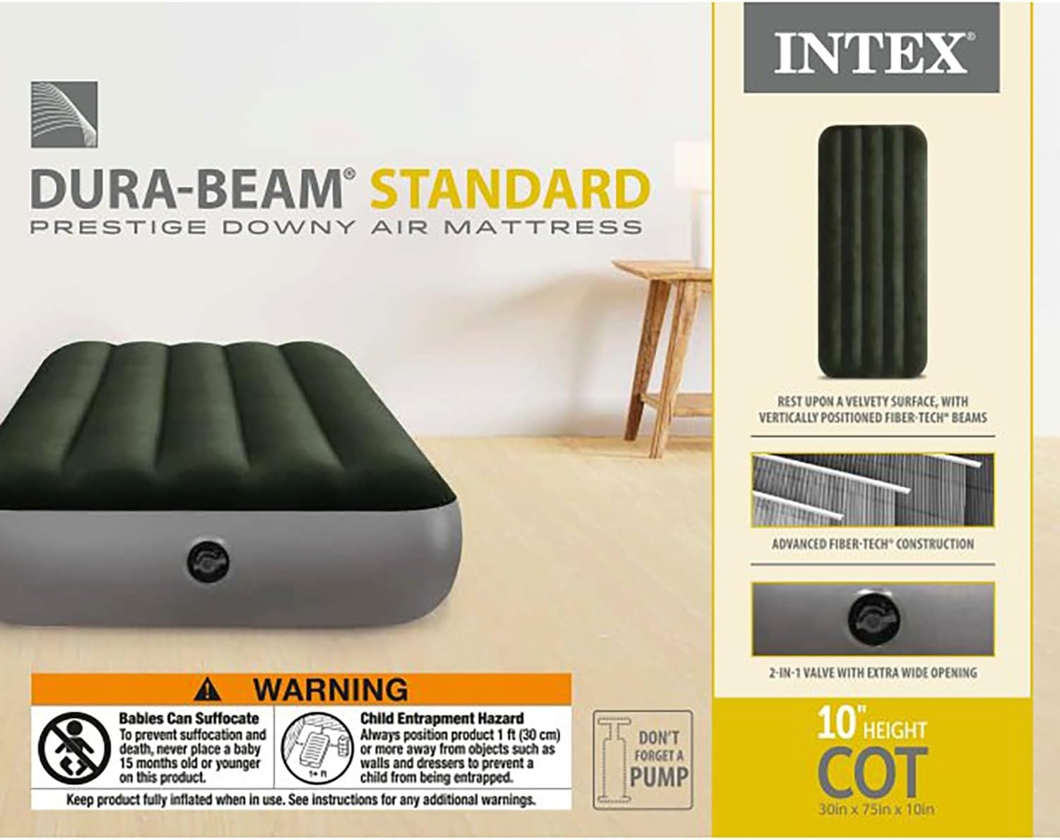 image:imageIntex 64106E DuraBeam Prestige Downy Air Mattress FiberTech Jr Twin 10in Bed Height 300lb Weight Capacity Pump Sold SeparatelySingle Pack of 6